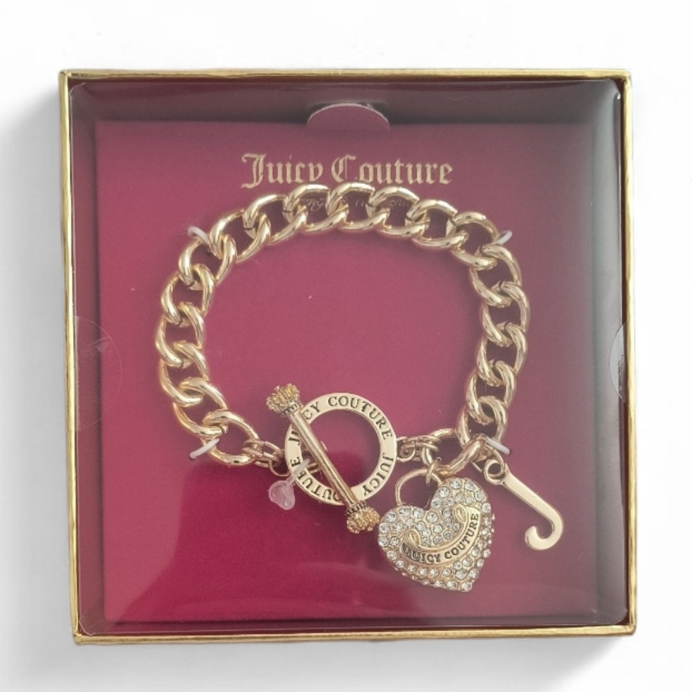 Juicy Couture Crystal Heart Charm Gold-tone Toggle Bracelet